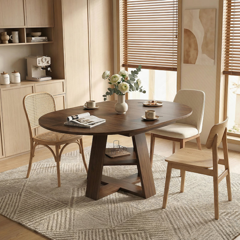 Table de salle à manger ronde extensible de 43,3 po à 59 po pour 4 à 8 personnes, table de salle à manger ovale de cuisine moderne avec feuilles amovibles peu encombrante, base en bois avec tablette de rangement pour le salon de la cuisine (noyer)