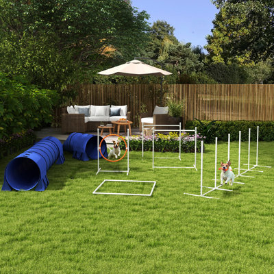 7 Dog Agility Training Kit With Adjustable Hurdles, Jumping Ring, Weave Poles, Tunnels, Pause Box And Whistle For Pet Exercise, Blue 7 Piece Box, - Version