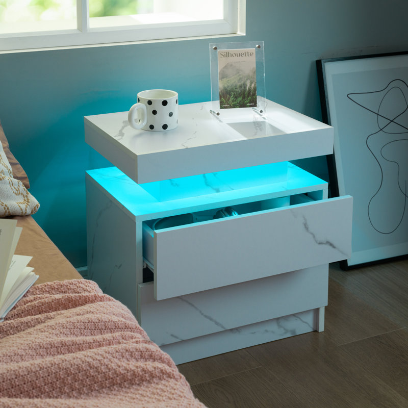 LED Nightstand with 2 Drawers, White Marble