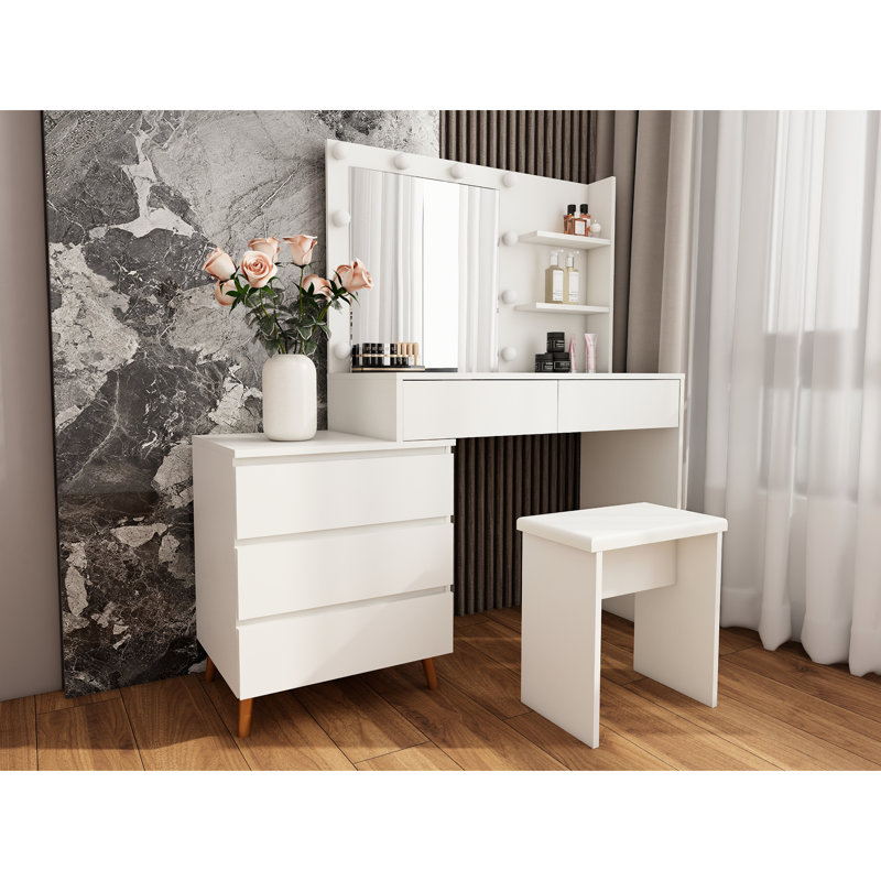 Meuble-lavabo à DEL avec miroir, compartiments de rangement et tabouret à lumière blanche à DEL, matériau, 54,97 po de profondeur, 15,33 tiroirs de maquillage de largeur, ergonomique dans les petites salles de bain, 105,15 lb