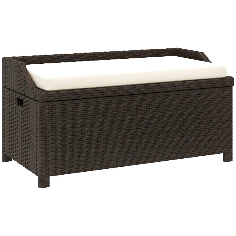 Banc de rangement extérieur en osier, bac de rangement pour patio en rotin PE avec sac en tissu imperméable intérieur, coussin, blanc crème