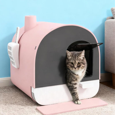 Pink Plastic Cat Litter Box With Entrance Mat And Filter - Private Space For Kittens Small Cats, Removable Tray Easy Maintenance, To Stop Smells, Attached Side, Hut Shape Decor, Assembly Needed Lid