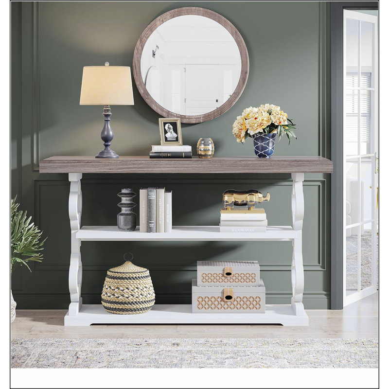 55" French Country Farmhouse Console Table – 3 Storage Shelves, Floral Carving, Antiqued Legs, Iron Frame