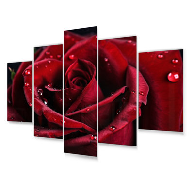 Rose rouge avec gouttes de pluie IV sur métal, reproduction de 5 pièces