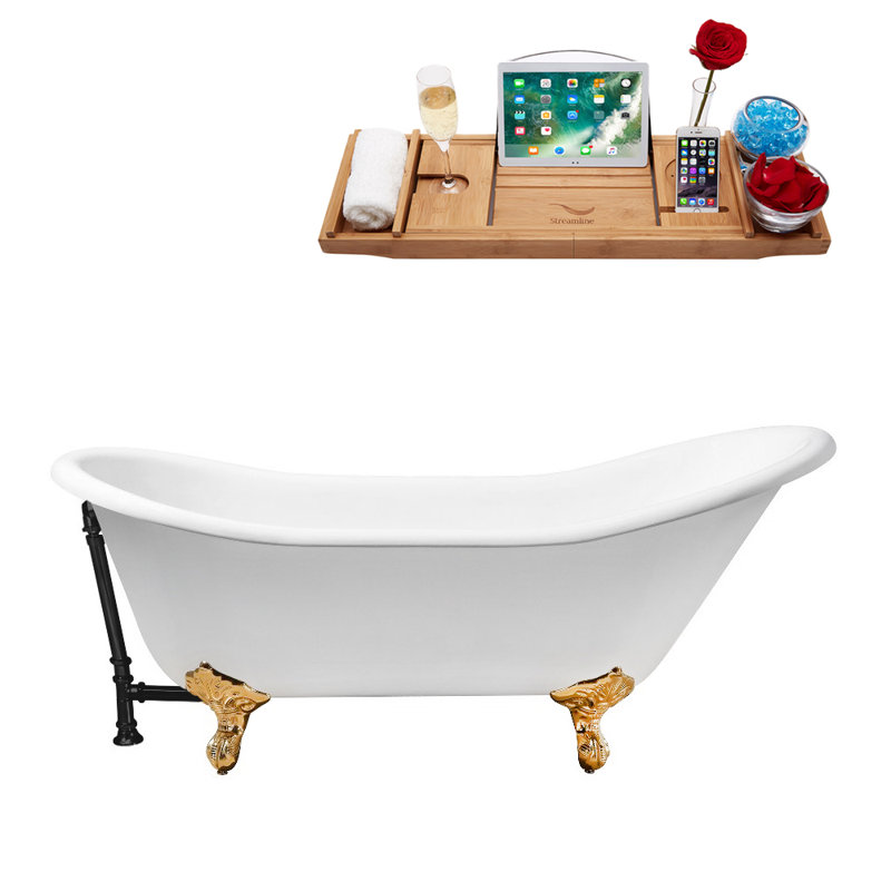 Baignoire de trempage sur pattes 67 "avec drain, pattes et plateau en bambou 67" Streamline, Or poli, Noir mat