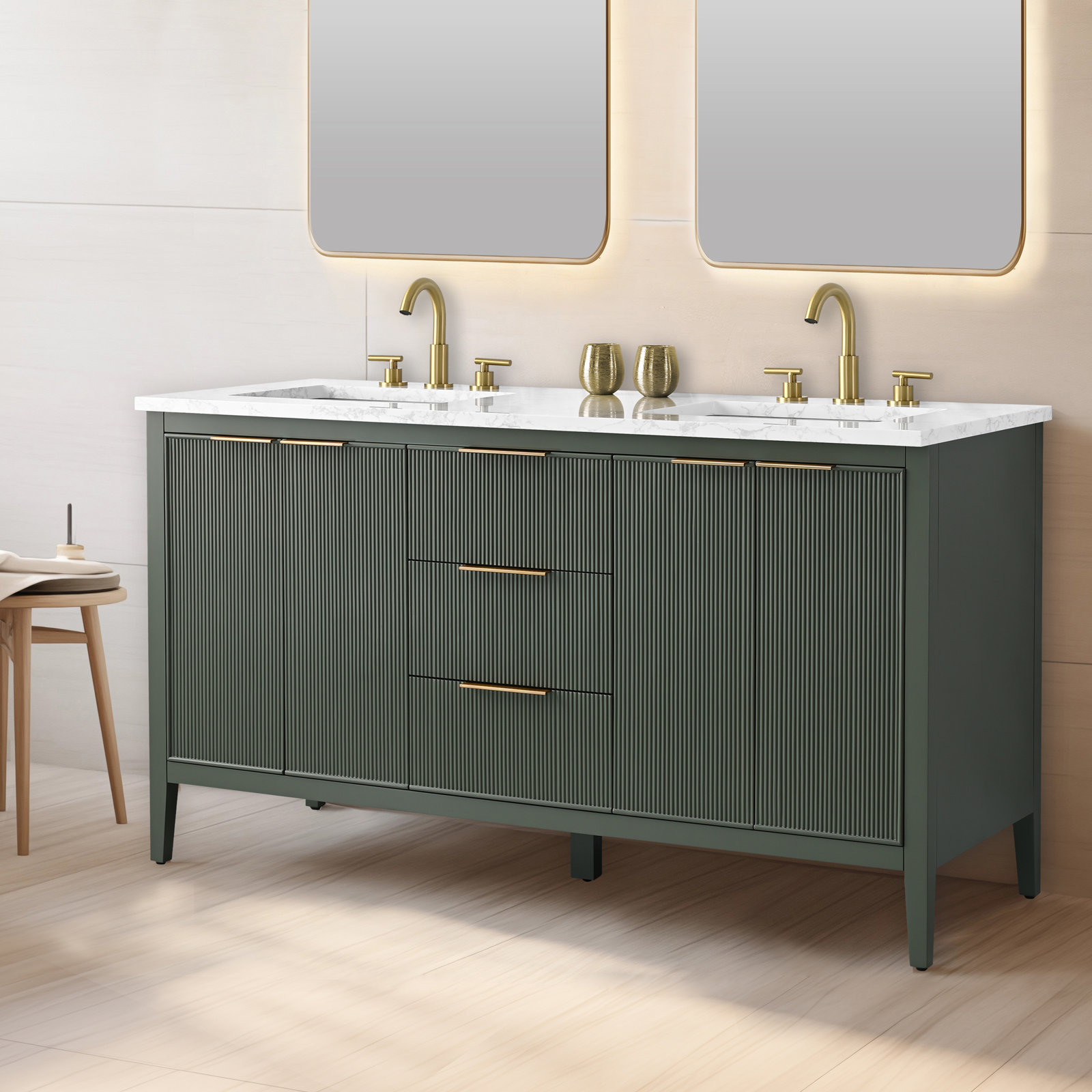 Bilroy 60" Pine Double Bathroom Vanity, Vintage Green/Brushed Bronze