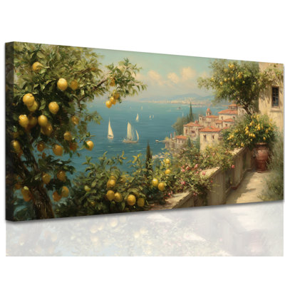  Lemon Wall Art Vintage Mediterranean Fruit Canvas Artwork Decor, Rustic Lemon Painting Kitchen Wall Art Prints, Serene Coastal Pictures Lemon Kitchen Wall Decor for Dining Room Living Room, 28x58 inches