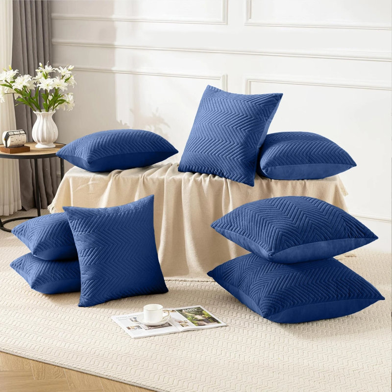 Embossed Quilted Chevron Decorative Cushion Cases - Set of 4 Modern Couch & Bed Décor Velvet Throw Pillow Covers , Navy