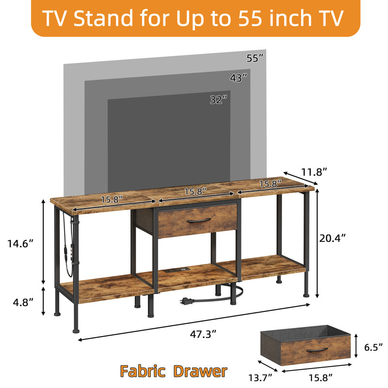Led Tv Stand with Power Outlet & Fabric Drawers for Tvs up to 55", 21" H x 56" L x 12" W