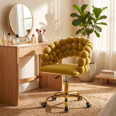 Chaise de bureau en velours, 1 pièce, fauteuil de coiffeuse pivotant réglable, jaune, dossier à bulles avec roulettes et base en métal doré