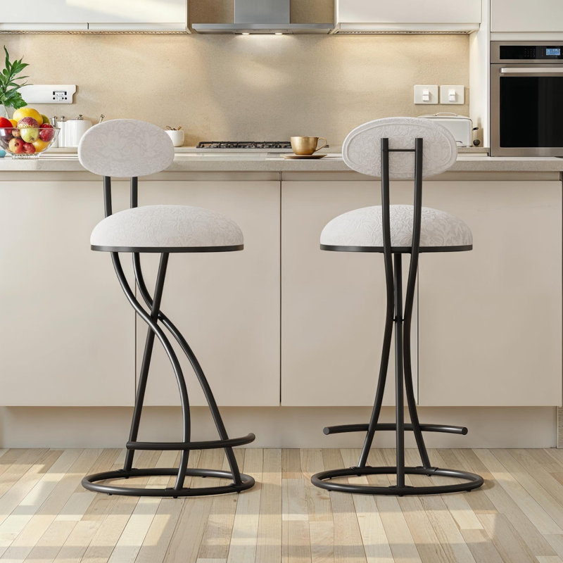 2Pcs Bar Stools Set with Backrest, S-shaped Barstools,Floral Print Upholstered Dining Chairs, Black