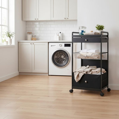Black 4-Tier Rolling Laundry Sorter, Metal Laundry Hamper with Pull-Out Drawer & Removable Washable Bags, Space Saving Storage Cart on Wheels for Bathroom, Closet, Dorm