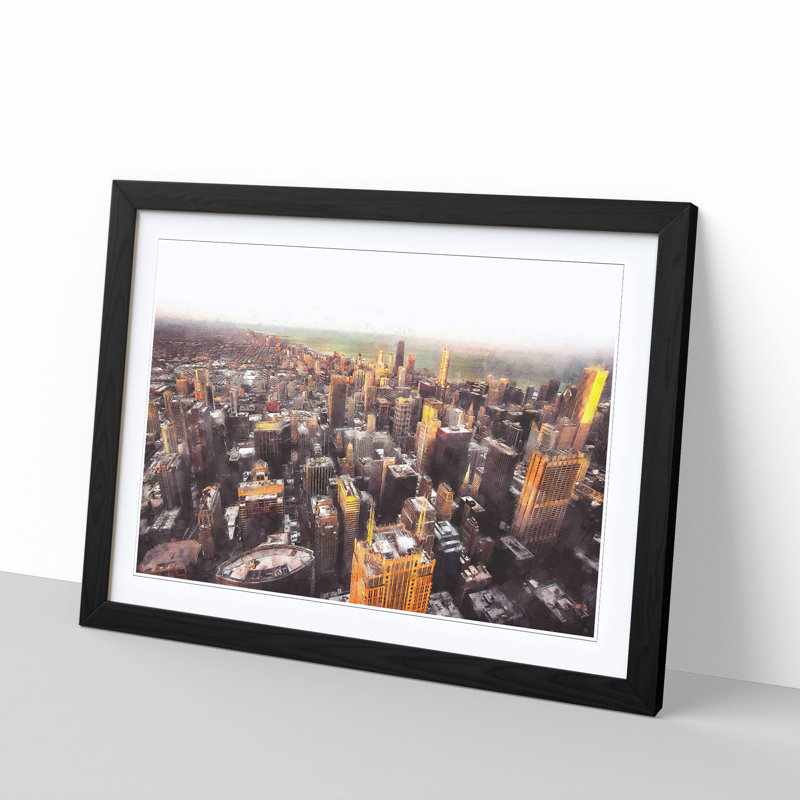 Flying over the Chicago Skyline - Picture Frame Graphic Art Print, 45cm H x 63cm W x 2cm D, Black Framed