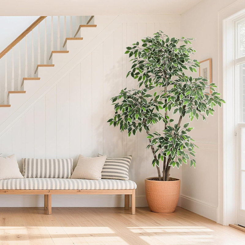 Ficus artificiel 5/6 pi avec pot de fleurs blanc - plante de plancher artificielle avec 3 troncs et feuilles blanches