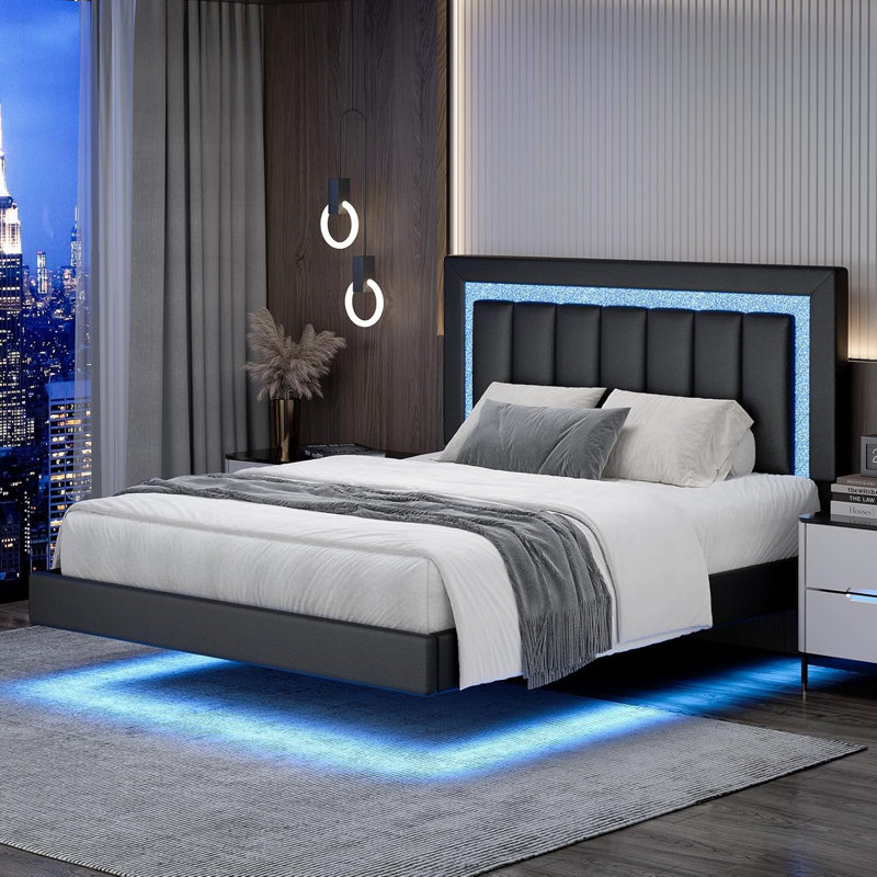 Floating Bed Frame with Smart LED Lights, Faux Leather Upholstered Platform Bed with Diamond PU Headboard, Black