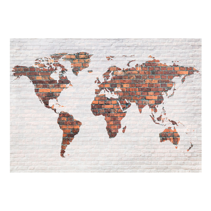 World Map Brick Wall Semi Gloss Paste the Wall Mural, 300 cm x 210 cm, White/Brown