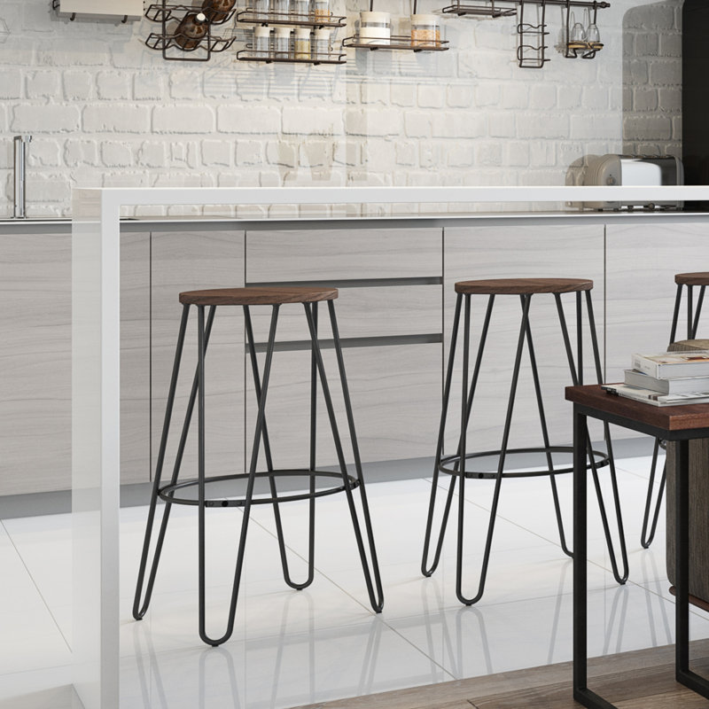 Simeon 26" Cocoa Brown and Black Metal Counter Stools with Elm Wood Seat