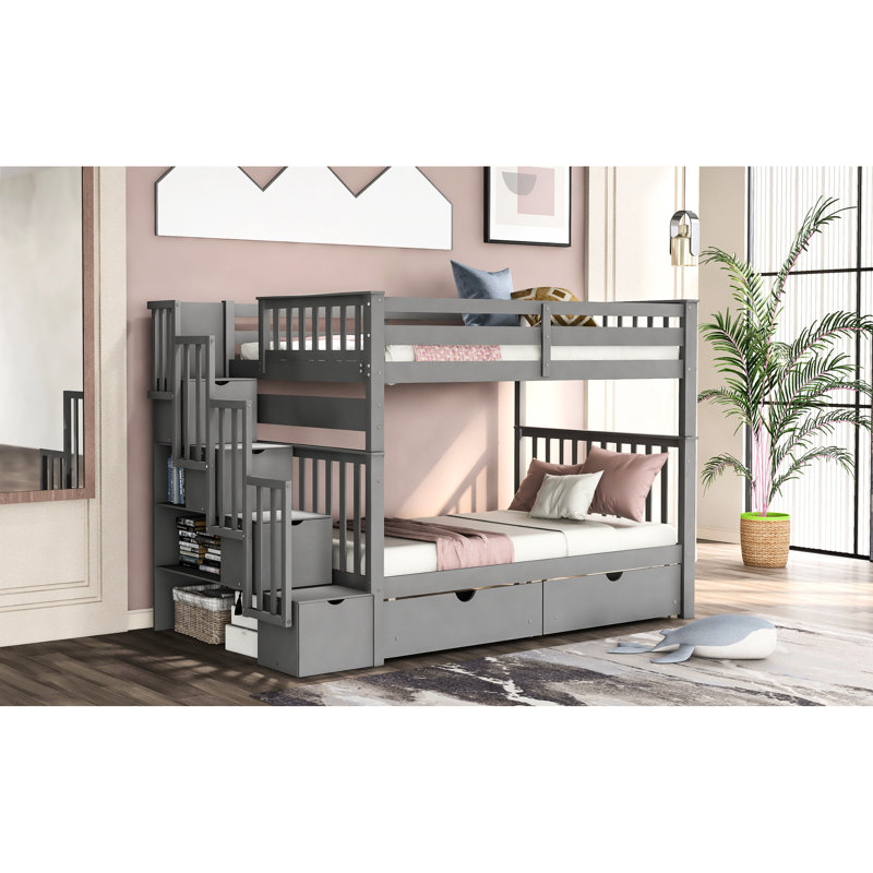 Lit double superposé avec 6 tiroirs de rangement, escalier à quatre marches, tête de lit sécuritaire et tête de lit, Gris