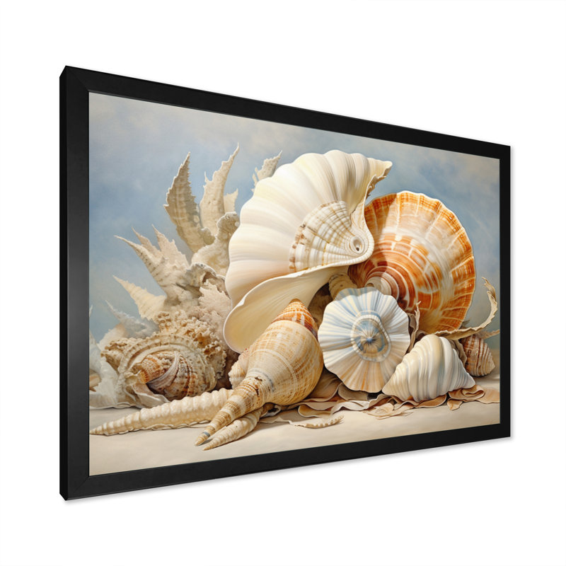 Collage de coquillages contemporains, H 12 po x l 20 po x P 1 po, Cadre simple noir