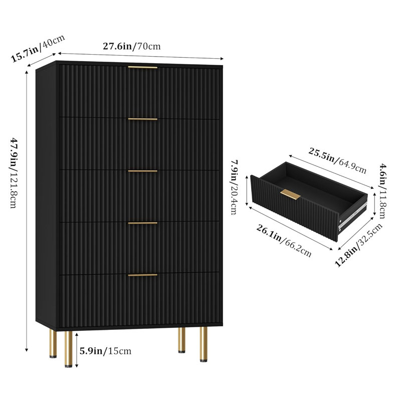 Fluted Wood Dresser, Modern 5 Drawers Dresser With Gold Handle, Wood Drawer Organizer, Black