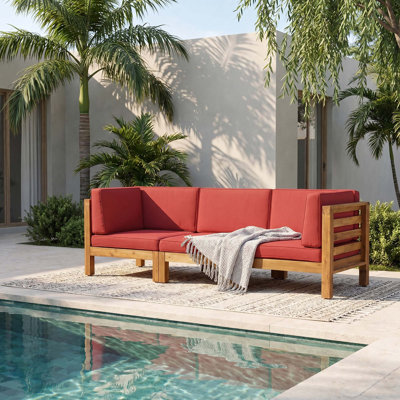 Canapé de patio modulaire à 3 places avec accoudoirs à lattes en bois massif et coussins amovibles résistants à l'eau pour une utilisation extérieure