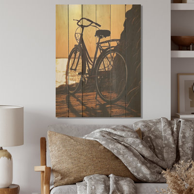 Coucher de soleil au coucher du soleil - Art mural en bois de bicyclette sur bois de pin naturel