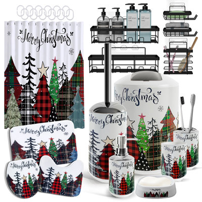 27-Piece Merry Christmas Bathroom Accessories Set with 72" Shower Curtain, 5-Piece Adhesive Shower Caddy & 3-Piece Non-Slip Rug Set
