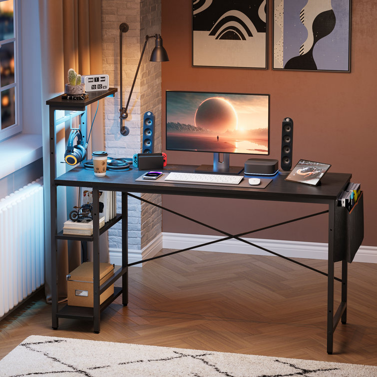 Johnothan Computer Desk with 4 Tiers Shelves, LED, 44" Office Desk with Storage Bag & Printer Shelf