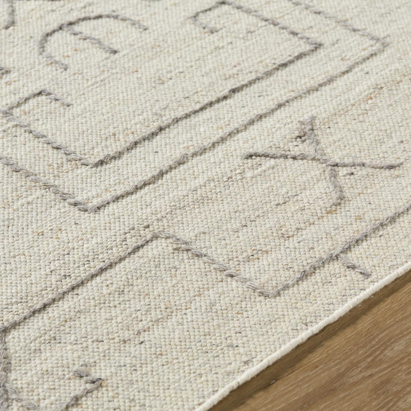 Rectangle Tobbie Geometric Hand Woven Flatweave Wool Area Rug in Pearl, Rectangle 8' x 10'