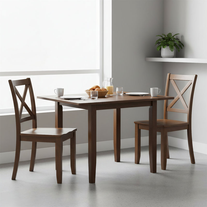 Three-piece Wooden Folding Leaf Dining Table Set With Two X-back Chairs, Brown