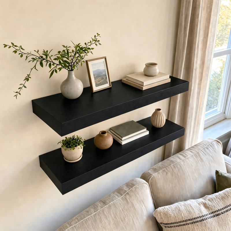 Étagère murale flottante 2 pièces, profondeur 9,3 po, fixation murale, H 1,5 po x l 36 po x P 9,3 po, Noir
