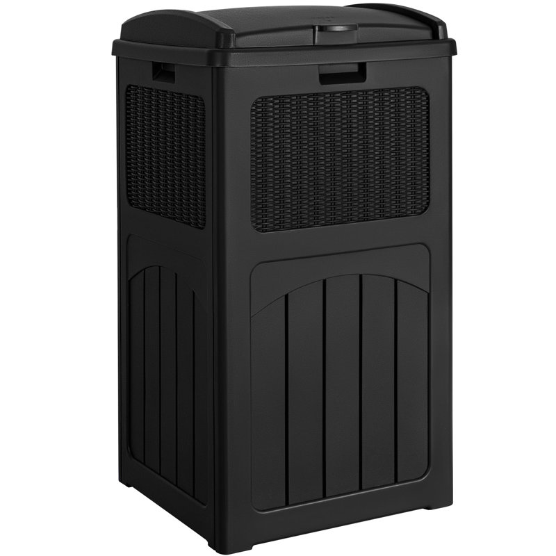 33 Gallon Outdoor Hideaway Trash Can with Tiered Lid, Waterproof Resin Waste Bin for Patio, Pool, Backyard & Deck, Black