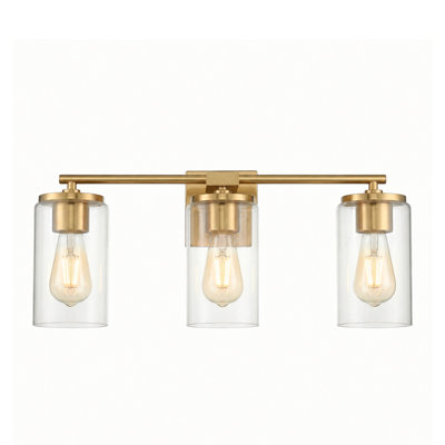 Gabi 3-Light Bathroom Vanity Light with Clear Glass Shades, Modern Linear Wall Sconce, Damp Rated, Available in Brass