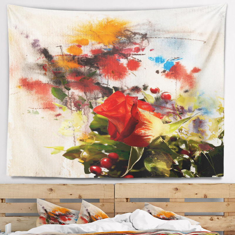Tapisserie aquarelle de roses florales et de soleil, H 50 po x l 60 po