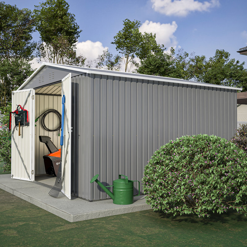 Remise de rangement extérieure grise de 10 pi x 10 pi avec un design mis à jour et des portes verrouillables, un toit incliné pour la ventilation, idéal pour les besoins d'organisation de la cour arrière, grand jardin