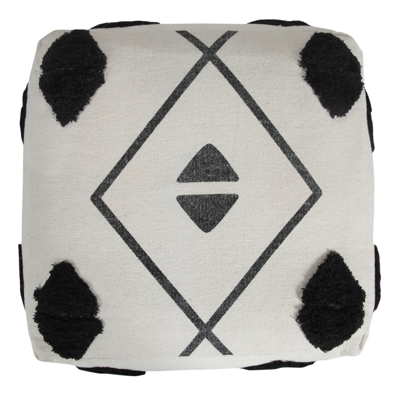 Ivory and Black Diamond Tufted Square Pouf Ottoman, 18" x 14"