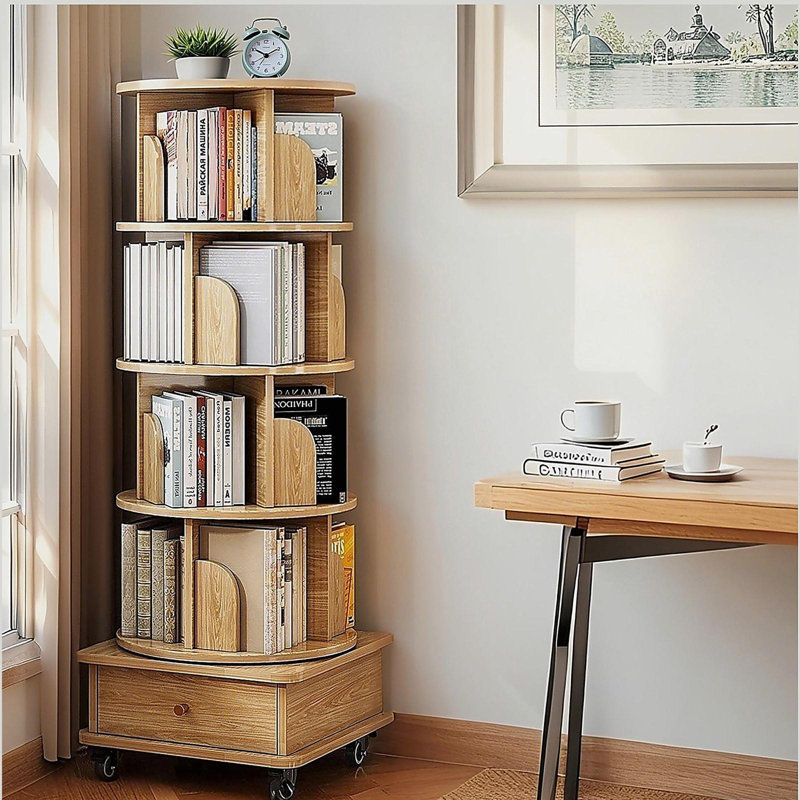 5 Tier Rotating Bookshelf, 360° Display Spinning Bookshelf with Wheels, Rotating Bookshelf Tower, Oak