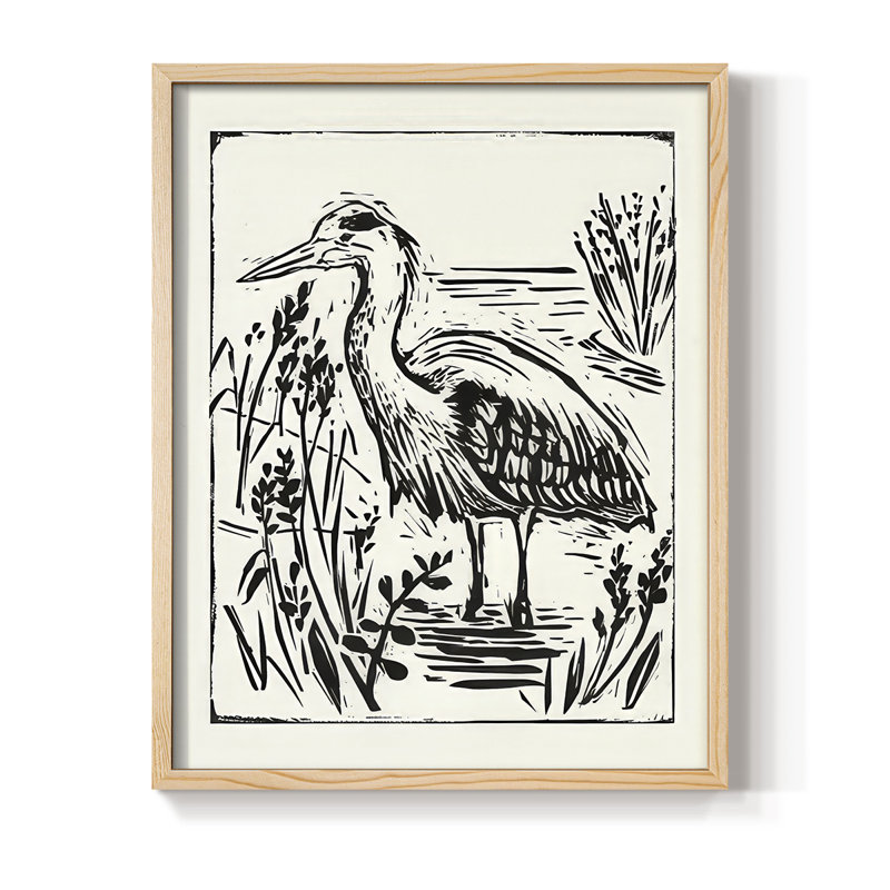 Linocut Style Seabird I, reproduction encadrée - bois massif, H 11 po x l 9 po, Naturel