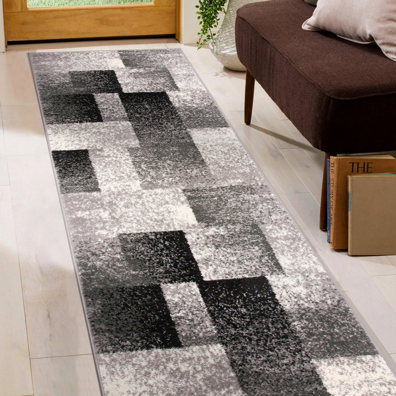 Damarus Geometric Gray/Ivory/Black Area Rug, Runner 2' x 7'