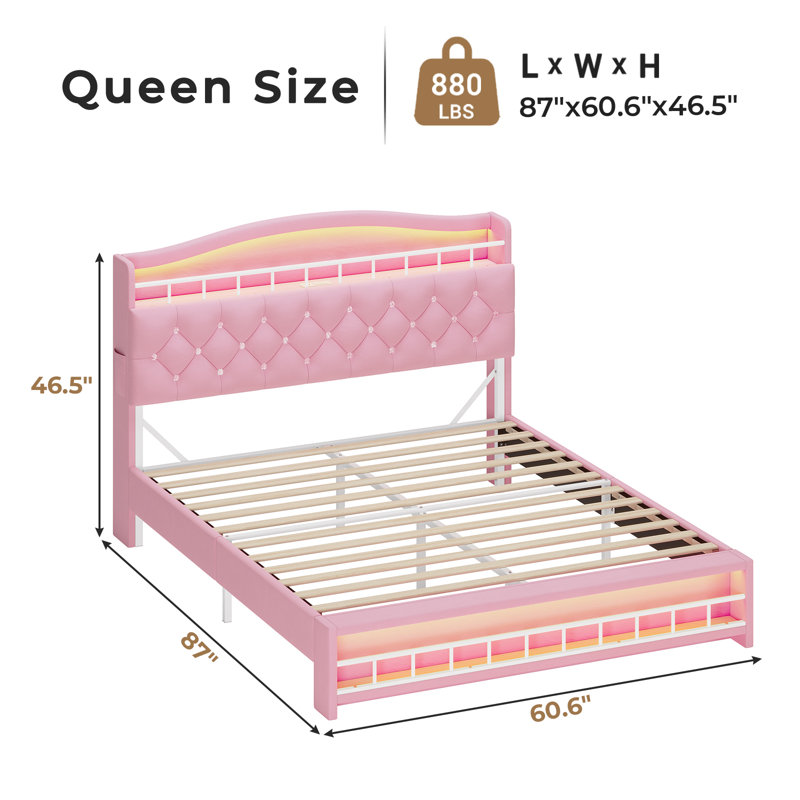 Princess Bed Frame With Led Lights And Charging Station, Velvet Upholstered Platform Bed With Headboard & Guardrail & Crystal Button