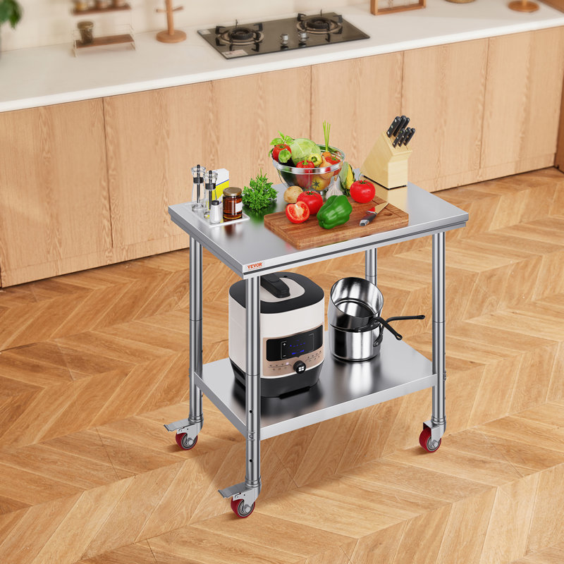 Table de travail en acier inoxydable 89 x 61 x 84 cm, capacité de charge de 136 kg, 4 roues, 3 hauteurs réglables, table de préparation alimentaire robuste pour cuisines professionnelles et restaurants, argent