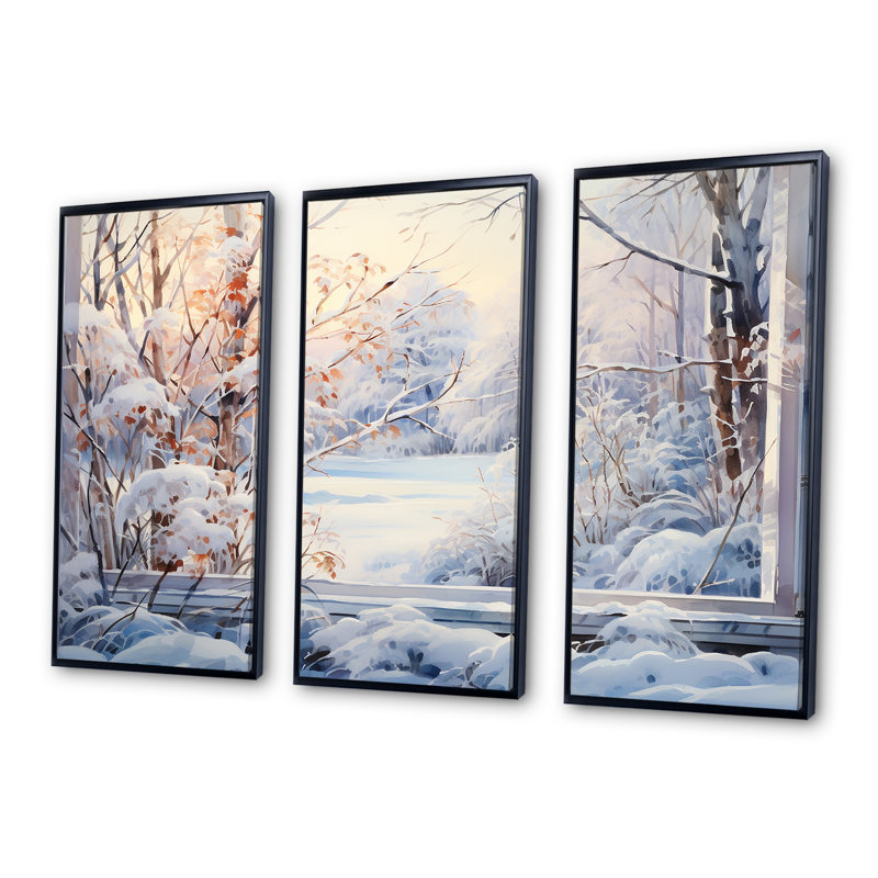 «Winter River Window View III - Winter Landscape», art mural, Cadre flottant noir, H 32 po x l 48 po x P 1 po