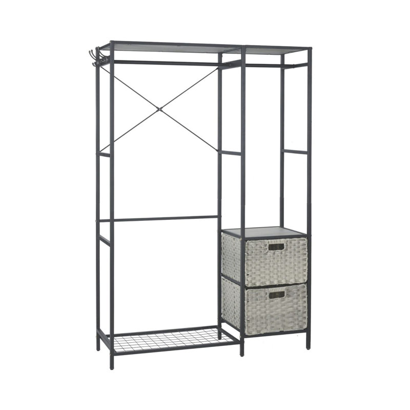 Acacia Wood Garment Rack with Shelves, Drawers & Hooks for Hanging Clothes, Light Gray