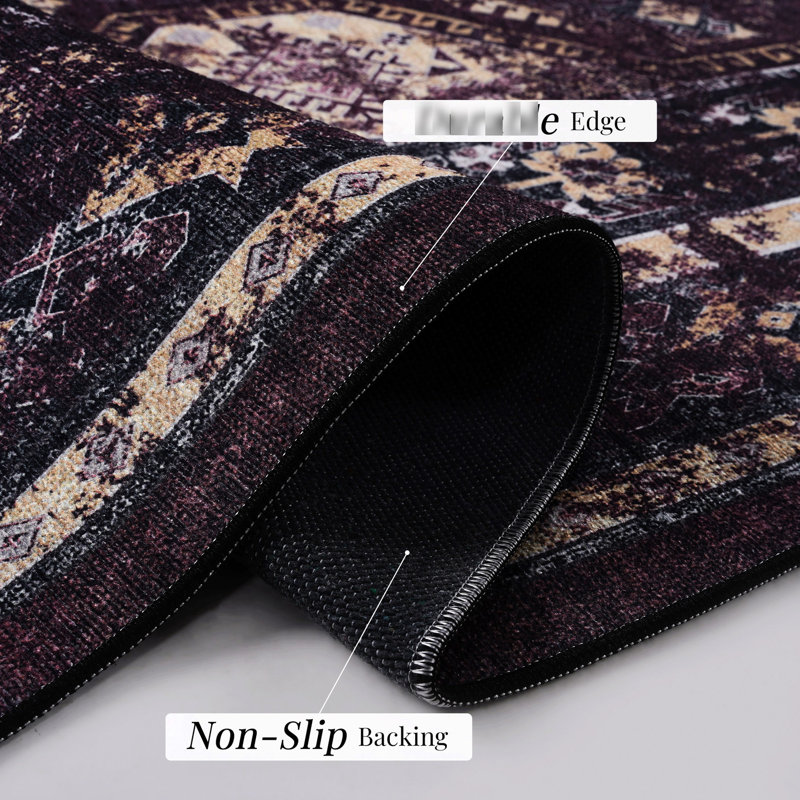 Washable Area Rug Runner 2'6''x10', Low-pile Non-slip For Bedroom, Living Room, Kitchen, Dining Room - Non-shedding Black + Burgundy Foldable