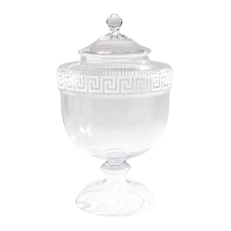 Hand Blown Clear Glass Greek Key Decorative Urn, 29"