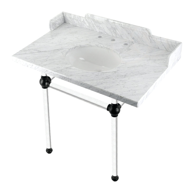 Kingston Brass Pemberton 36-Inch Carrara Marble Console Sink with Acrylic Legs (8-Inch, 3-Hole), Marble White/Matte Black