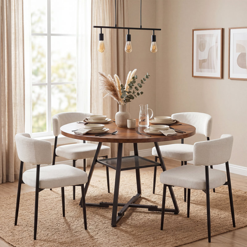 Ameah Industrial Round Dining Room Set For 4, Wood Kitchen Table And Chairs With Curved Back Upholstered Seats, Beige