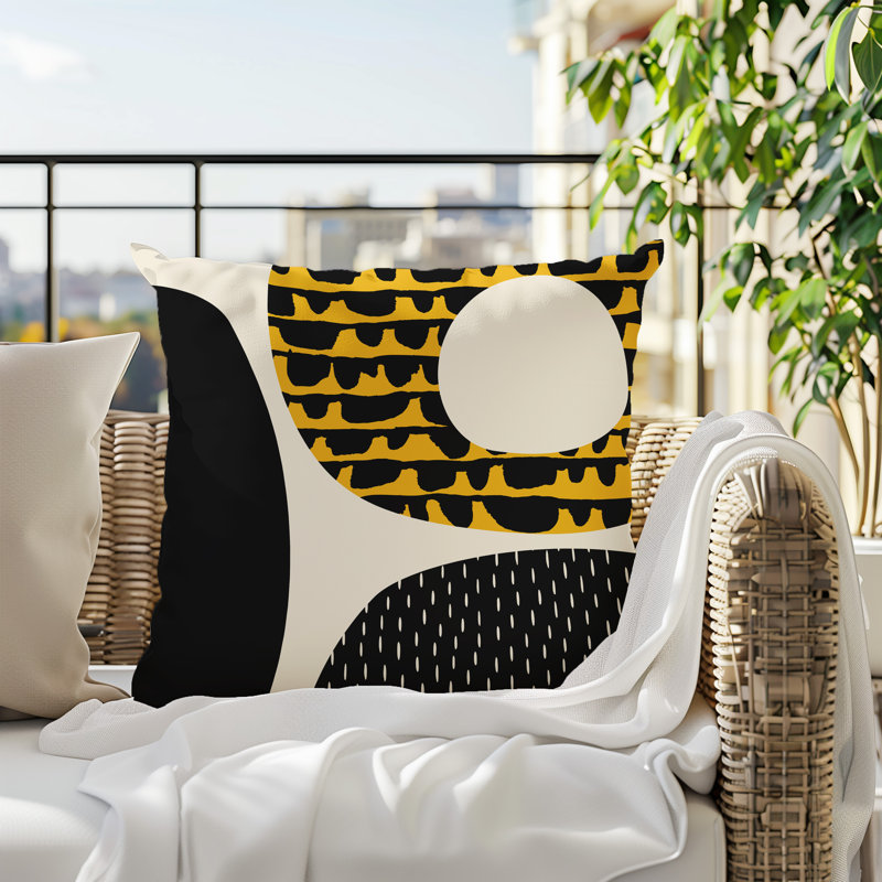 Coussin carré intérieur / extérieur pia, H 15 po x l 15 po, Jaune / noir / blanc cassé