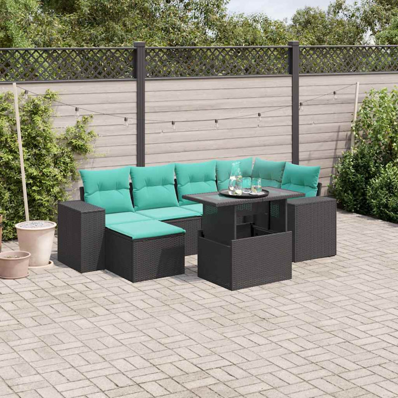  Ensemble de canapé de patio 7 pièces avec coussins en rotin de polyester brun, Bleu clair, Noir