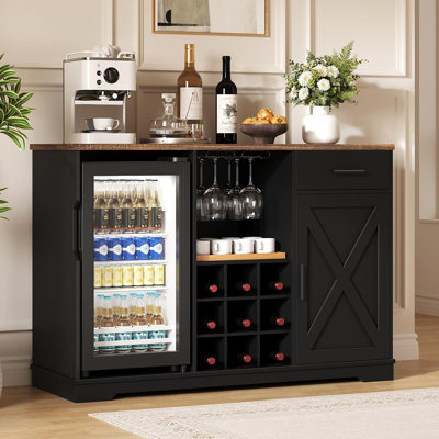 Meuble-bar à café de style ferme de 119 cm avec réfrigérateur intégré, noir

Meuble-bar à vin avec casier et porte-verres, meuble à spiritueux avec tiroir de rangement, meuble mini-réfrigérateur pour la maison